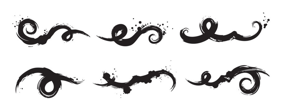 Abstract brushstroke swirls and decorative ink elements create a dynamic set of artistic design assets with a hand-drawn, expressive texture.