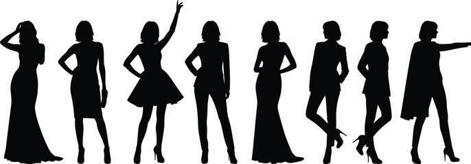 Elegant female silhouettes in fashionable poses, modern women standing with confidence, stylish dress and outfit illustration for fashion, beauty, glamour design concepts