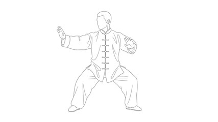 A simple line drawing depicts a person practicing tai chi showcasing a graceful pose