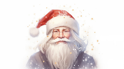 Santa Claus Wearing a hat. A Christmas card Greeting template. Winter holiday background with golden confetti. Festive, Joyful. worth it.