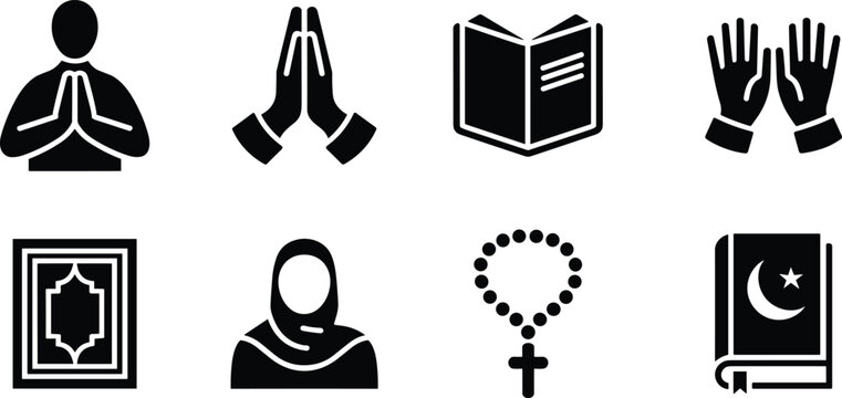 Collection of pray icon, muslim woman, rosary, open book and praying hands silhouette vector elements