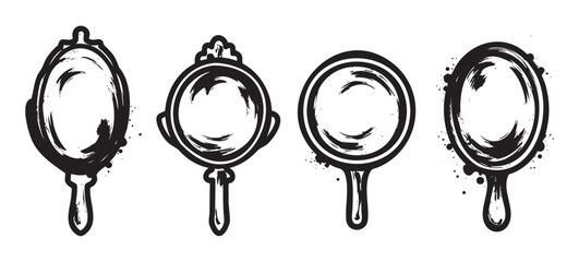 Hand mirrors and magnifying glasses with a distinct grunge brushstroke style offer a versatile collection of artistic and decorative design elements.