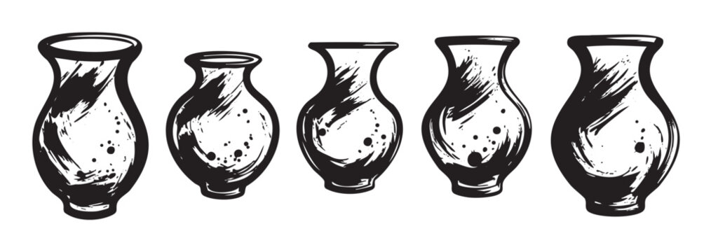 Decorative ceramic vases in a rustic black and white ink brush stroke illustration style, showcasing various traditional pottery shapes.