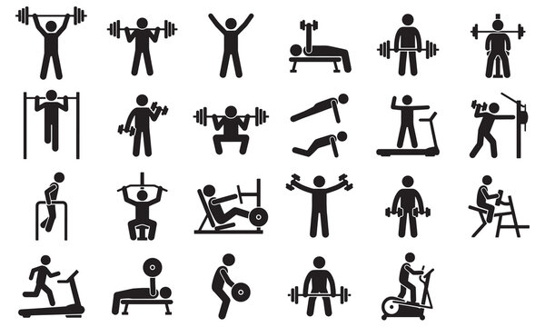 Gym workout and fitness exercise silhouette icon set