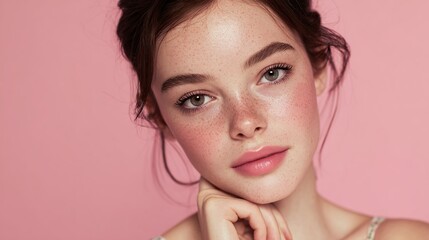 Fototapeta premium Radiant Beauty: A close-up shot of a young woman's face, displaying natural beauty, glowing skin, soft makeup, with a touch of blush