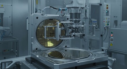 Advanced robotics meticulously handles silicon wafers in a cutting-edge semiconductor manufacturing facility, showcasing precision engineering for microchip production.