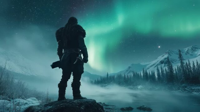 A powerful ancient Norse warrior stands on a rock, observing the vibrant northern lights illuminating a mystical snowy winter landscape with distant mountains and misty forest.