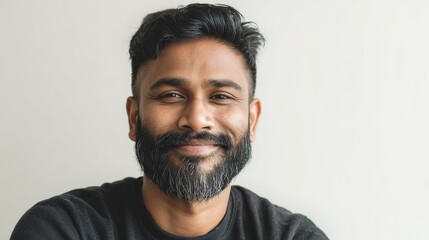 Fototapeta premium Radiant Confidence: A portrait of a man with a warm, genuine smile. His eyes sparkle with vitality, his presence exudes approachable authority. The image evokes a sense of trust, competence.