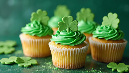 Green Frosted Cupcakes with Shamrock Decorations