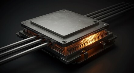 Advanced microchip processor with glowing internal components and metallic cooling pipes, symbolizing cutting edge technology and powerful computing.