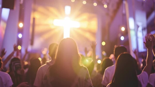 Large crowd raising hands, praying devoutly, expressing sincere adoration towards a brilliant, illuminated cross. Sacred assembly united in spiritual reverence and profound veneration.