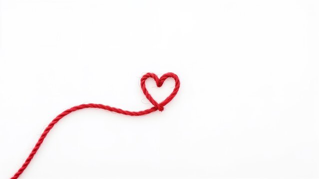 A heart shape formed with a red yarn, with the yarn extending to the left against a white background.