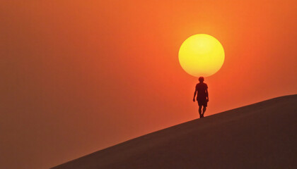 Person walking on sand dune with sun