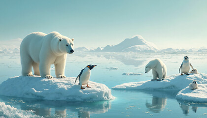 Polar Bears and Penguins on Ice Floes