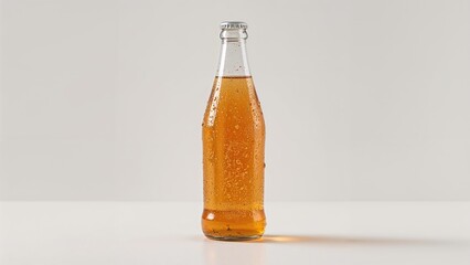 A glass bottle of orange soda or juice with condensation on the outside.