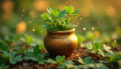 Plant in Bronze Pot Amidst Greenery