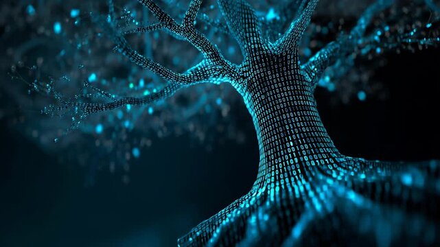 Ultra HD Digital tree of life made of binary code, abstract concept of technology, data, artificial intelligence, neural network, and information flow in dark blue tones video