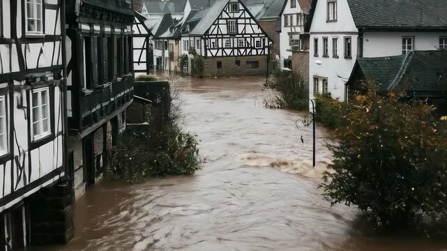 Torrential downpour causes widespread inundation through an ancient European village. Deep murky water streams past traditional half timbered buildings, high flood tide engulfing old structures.