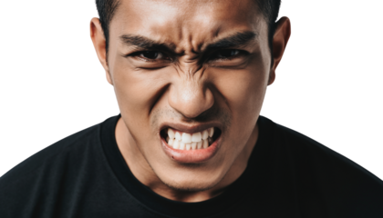 Intense close-up portrait of an angry man expressing strong emotion, baring teeth