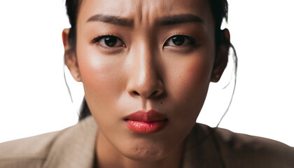 Intense close-up portrait of a young Asian woman with a focused, furrowed brow