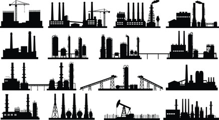 Industrial factory silhouette set, refinery plant vector icons, oil industry illustration © Creative Rejia