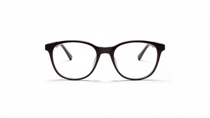 Fototapeta premium A pair of eyeglasses with black frames and clear lenses placed on a plain white background.