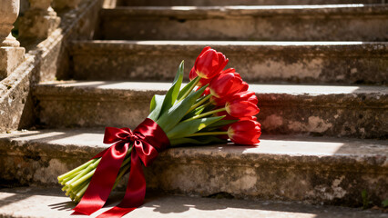 Bouquet of red tulips tied with a ribbon on stone stairs in a sunny outdoor setting