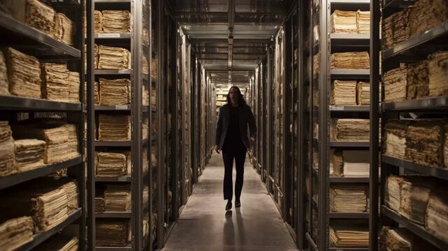 Medium shot of temperaturecontrolled archive room with rows of ancient manuscripts preserved under precise climate conditions.