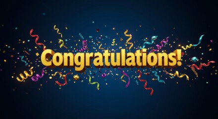 Golden Congratulations Text with Festive Confetti and Ribbons on Dark Blue