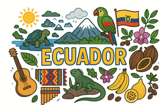 Ecuador Cultural Icons Vector Illustration with Gal&aacute;pagos, Andes and Traditional Elements