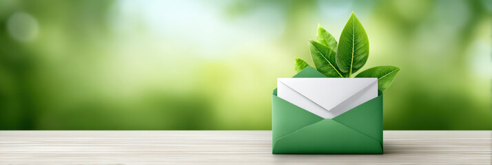 Green envelope with white letter and fresh leaves eco friendly e commerce message inspiring