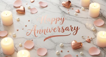 Rose Gold Happy Anniversary Greeting on Marble with Candles and Hearts