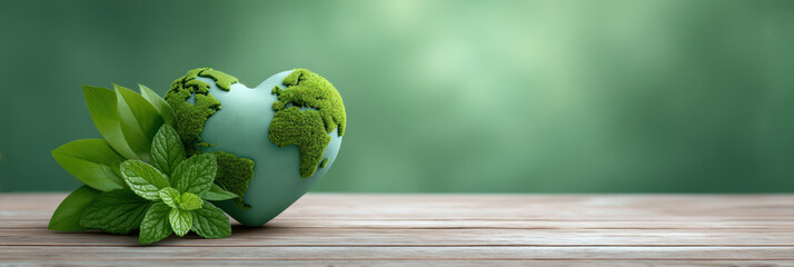 Green heart globe with moss and fresh leaves e commerce environmental love and sustainability