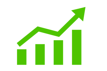 Green bar chart with upward arrow icon for business growth, financial success, and data analytics