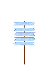 An illustration of a rustic wooden signpost with four blank, horizontal, light blue arrows pointing right, set against a simple, pale grey background, representing choice, decision-making, directions