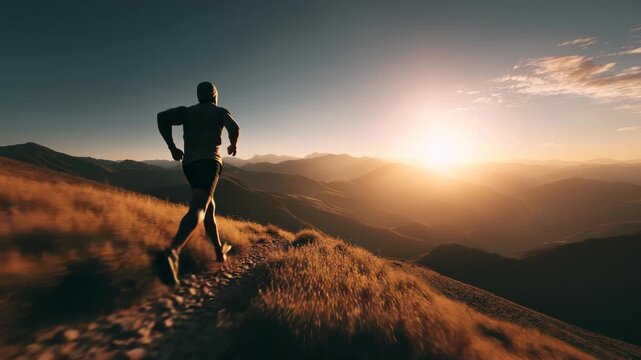 Ultra HD Trail runner moving fast on a grassy mountain ridge at sunset with dramatic sun flare over distant peaks video
