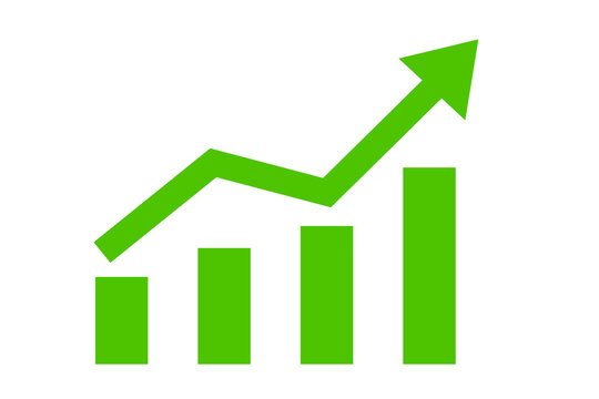 Green bar chart with upward arrow icon for business growth, financial success, and data analytics