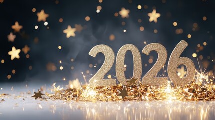 New Year 2026: A radiant display of golden numbers and glittering embellishments announces the dawn of 2026. The atmosphere is filled with anticipation and celebration.