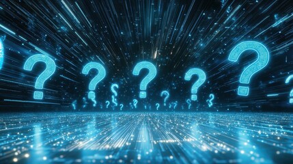 Navigating the Digital Enigma: Floating question marks against a backdrop of data streams, symbolizing the complexity and uncertainty of the digital age.