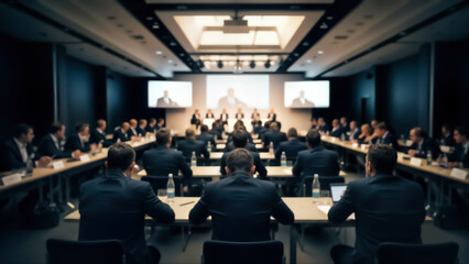 A large group of businessmen sitting at a long conference table in a modern boardroom with screens on the wall