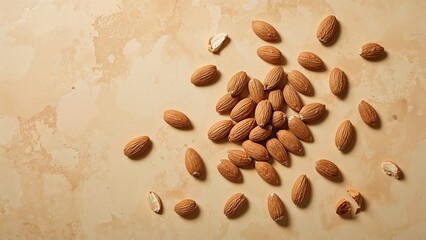 Obraz premium Scattered almonds on a beige surface with some cracked open, showcasing their natural texture and appearance.