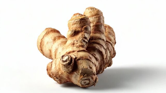 Whole ginger root with detailed texture and realistic appearance, isolated on a white background, symbolizing freshness and health