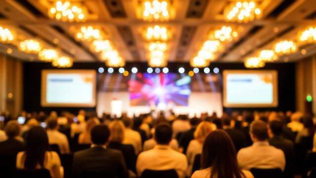 Blurry image of a large audience in a conference hall with screens