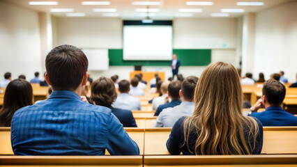 A group of people sitting in a classroom with a green chalkboard and a projector screen in the background, attending a lecture or presentation