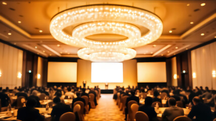 A large conference room with people sitting at tables and a bright projection screen at the front of the room with circular chandeliers