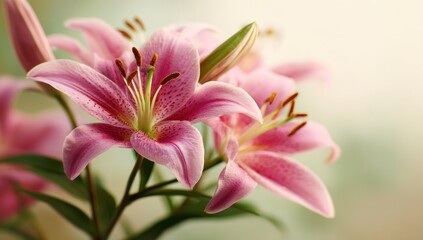 Fototapeta premium Close-up of vibrant pink lilies with green stems, soft light backdrop