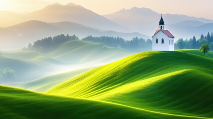 Serene Chapel Amidst Rolling Hills: A solitary chapel sits atop a verdant hill, its steeple reaching towards the sky, against a backdrop of rolling green hills fading into a misty horizon.