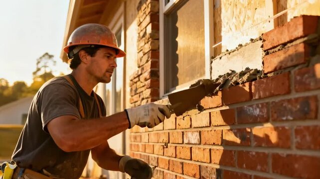 Medium shot of a bricklayer installing brick veneer on an exterior wall under bright sunny conditions highlighting vibrant textures and sharp shadows.