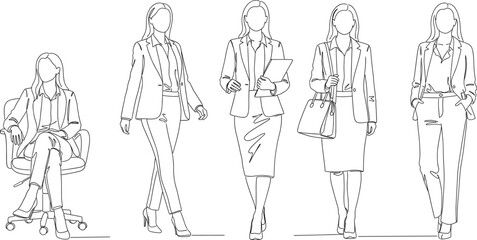 Businesswoman vector illustration featuring diverse professional poses, formal outfits, and geometric blocks in red, purple, and blue 