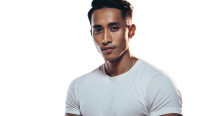 Confident young man in a white shirt, studio portrait with strong lighting